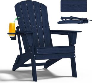 HDPE Folding Adirondack Chairs With Cup Holder (Option: Navy blue-2pack)