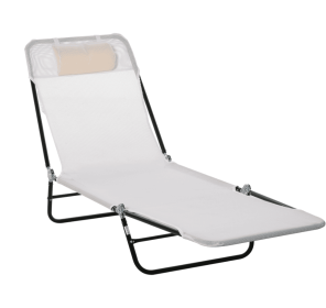 Folding Chaise Lounge Chair, Cream White, 5-Level Adjustable With Headrest, Breathable Mesh For Beach & Patio (Color: White)
