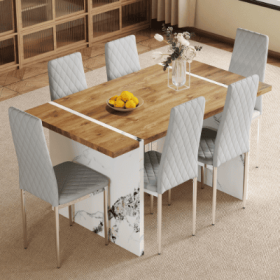 Table And Chair Set.Natural Wood Grain MDF Dining Table  55x31.5 Inch.Paired With 6 Modern Style Dining Chairs In Light Gray, Essential For Minim (Option: Light Gra)