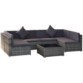7 Piece Wicker Patio Furniture For Backyard Outdoor Sectional Sofa With Cushions  Tempered Glass Coffee Table Pillows Gray (Option: Gray)